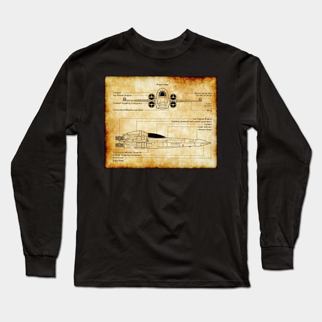 Headhunter Fighter Parchment Blueprint Long Sleeve T-Shirt by Starbase79